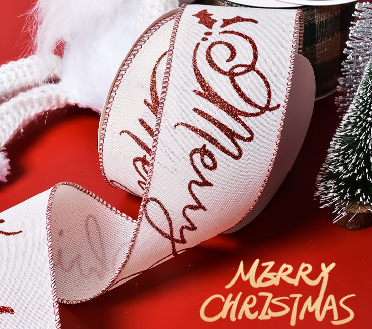 2.5 inch Merry Christmas wired ribbon with red lettering