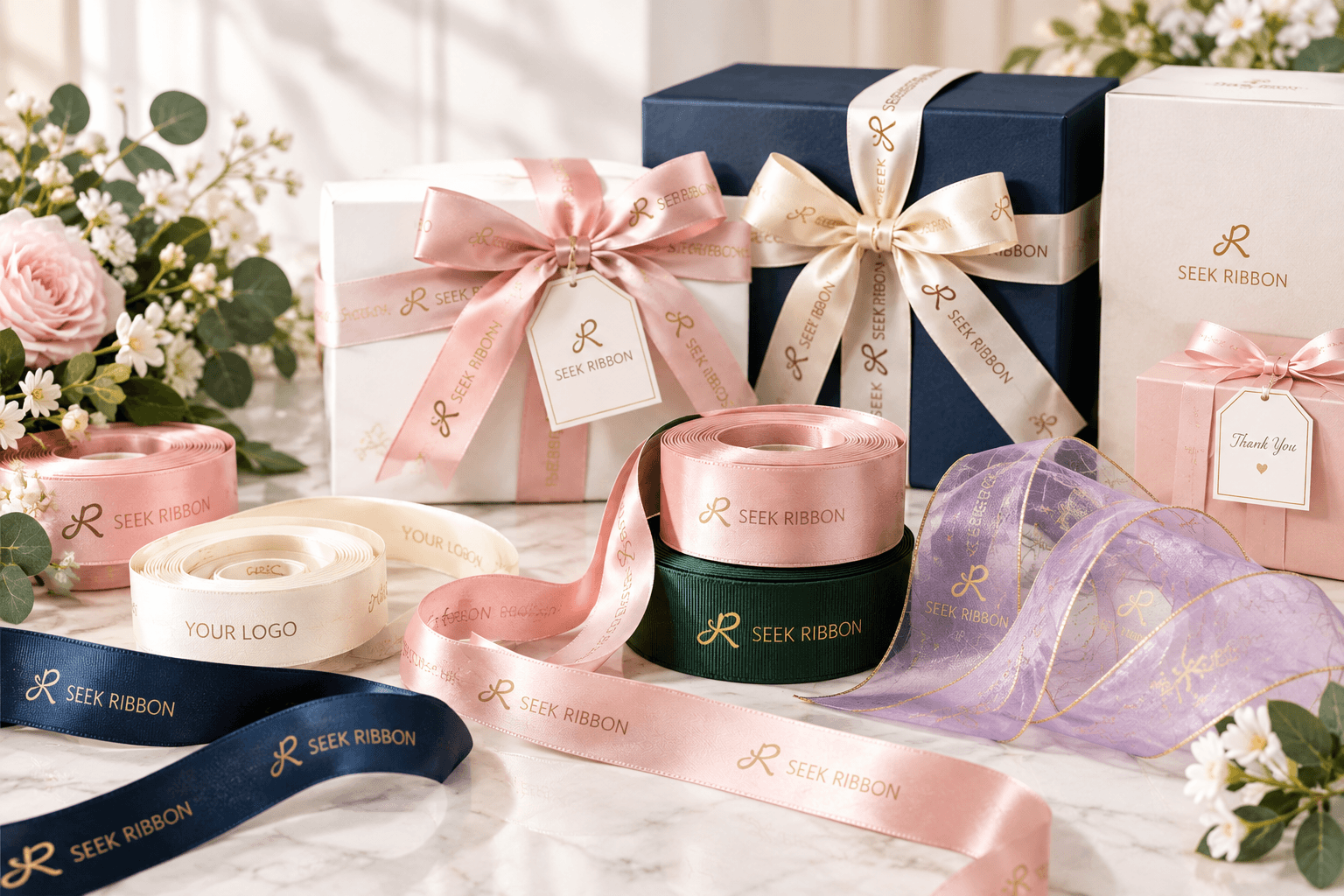 Personalized ribbon with custom logo for branded packaging